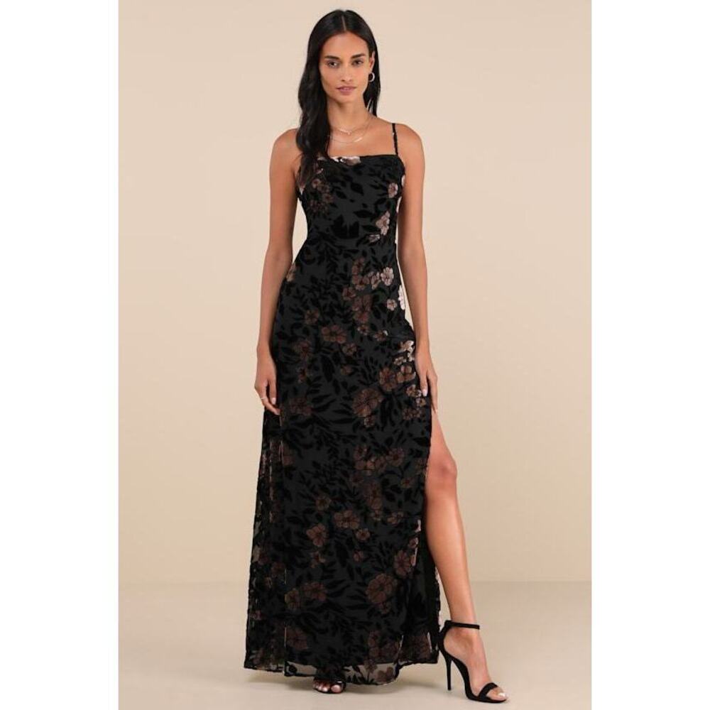 Lulus Effortless Celebration Black Floral Burnout A-line Maxi Dress - Size XS